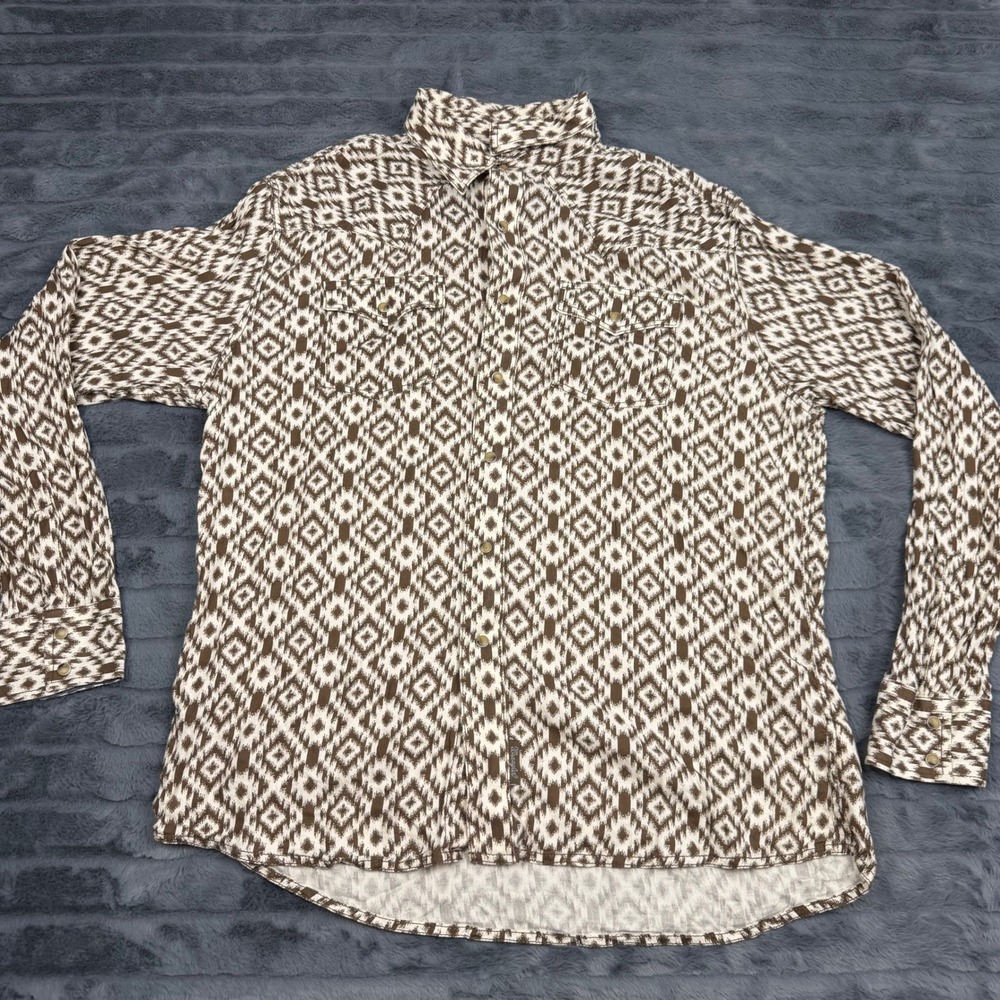 Wrangler Retro Premium Mens XL Brown Geometric Diamond Ikat Western Snap Shirt